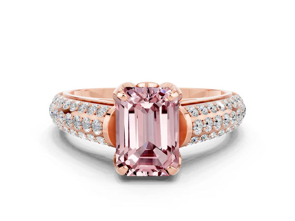 Rose gold Emerald Cut Morganite Solitaire Ring with Three-Row Pavé Band and Four-Prong Setting