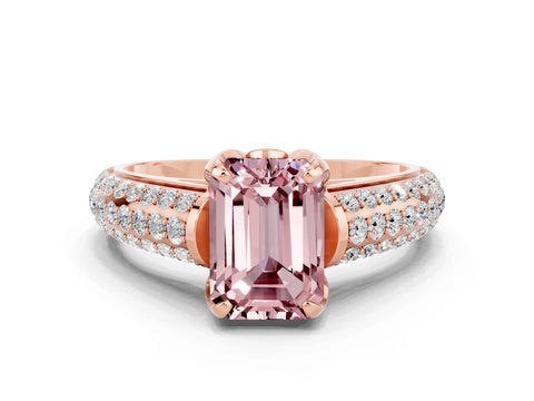Rose gold Emerald Cut Morganite Solitaire Ring with Three-Row Pavé Band and Four-Prong Setting_12