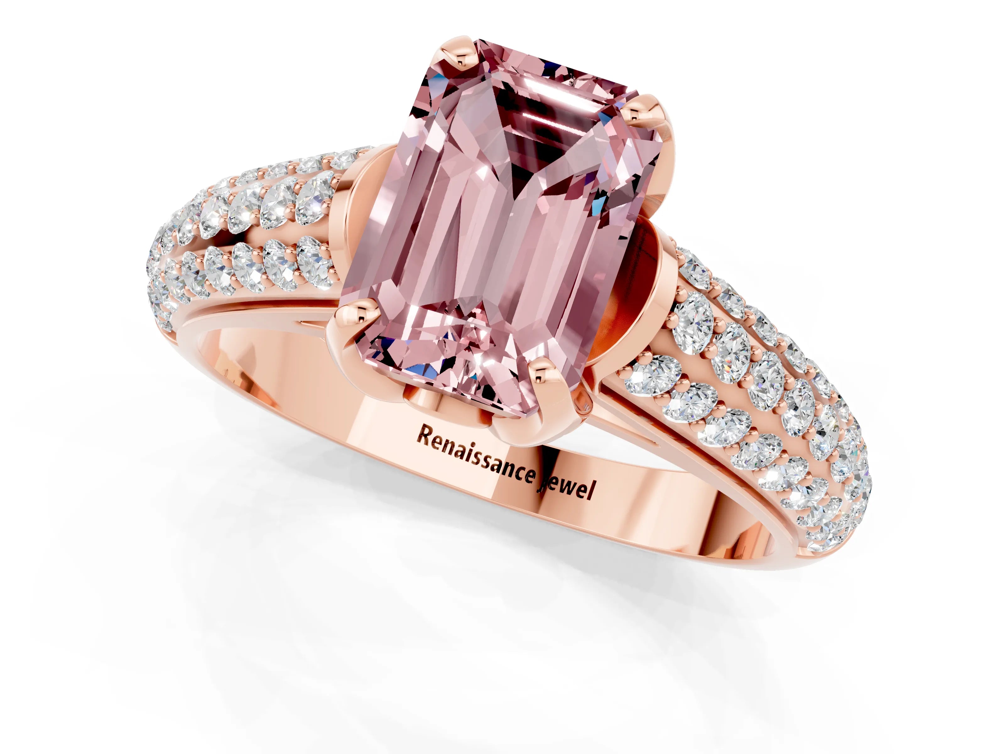 Rose gold Emerald Cut Morganite Solitaire Ring with Three-Row Pavé Band and Four-Prong Setting_13