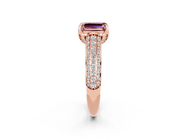 Rose gold Emerald Cut Morganite Solitaire Ring with Three-Row Pavé Band and Four-Prong Setting