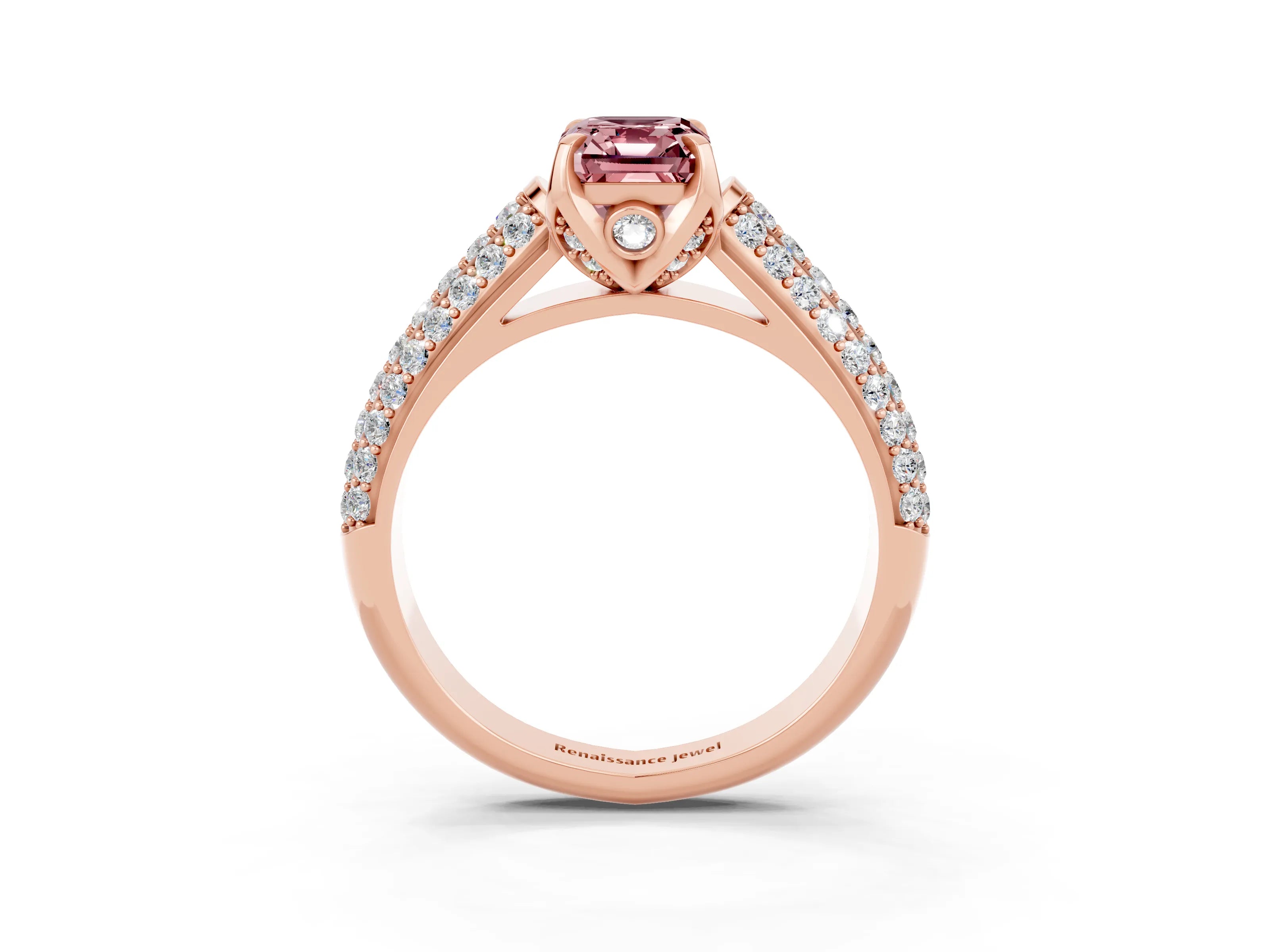 Rose gold Emerald Cut Morganite Solitaire Ring with Three-Row Pavé Band and Four-Prong Setting_15
