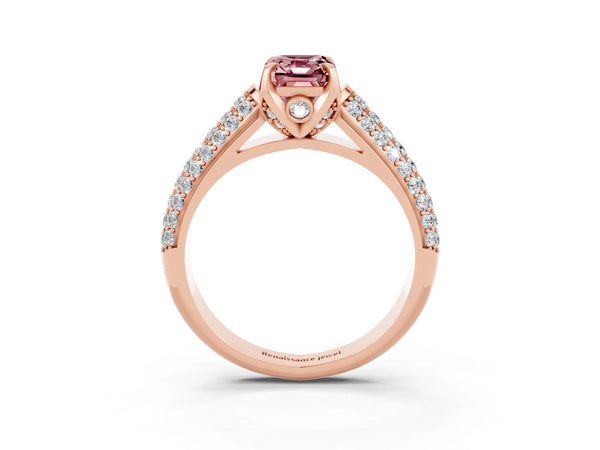 Rose gold Emerald Cut Morganite Solitaire Ring with Three-Row Pavé Band and Four-Prong Setting