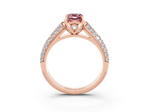 Rose gold Emerald Cut Morganite Solitaire Ring with Three-Row Pavé Band and Four-Prong Setting_15