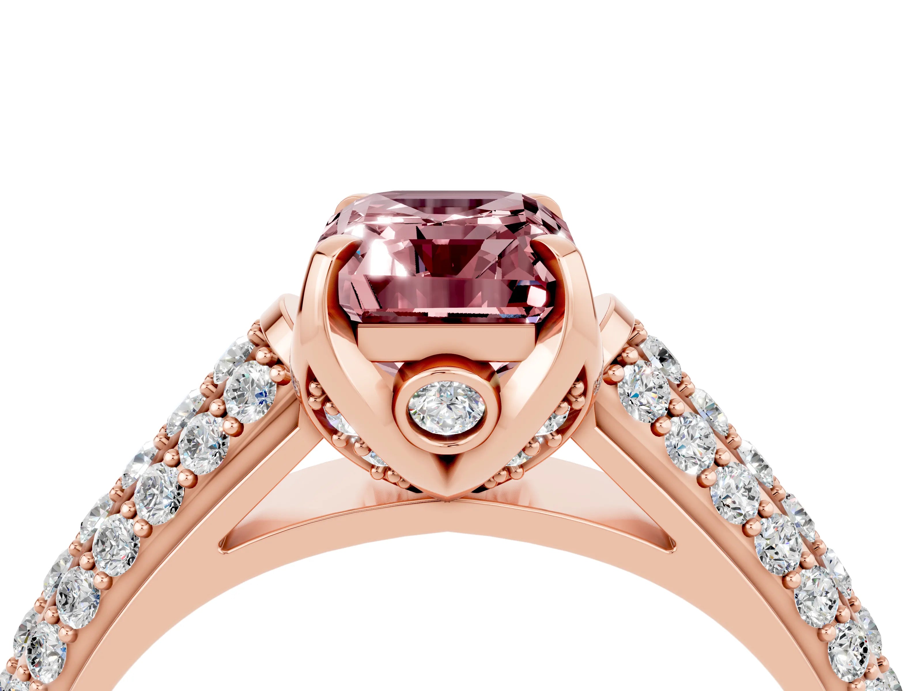 Rose gold Emerald Cut Morganite Solitaire Ring with Three-Row Pavé Band and Four-Prong Setting_16