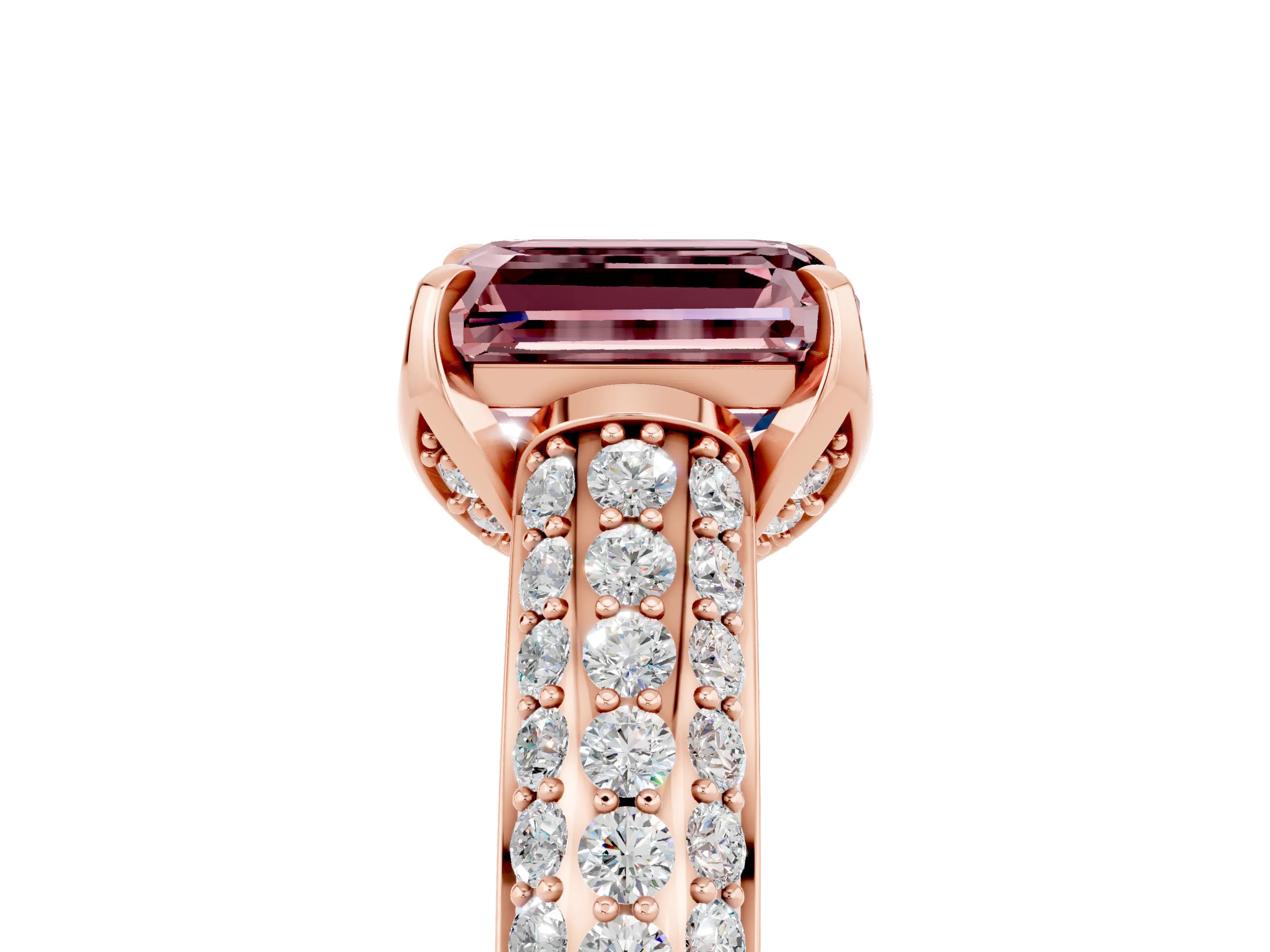 Rose gold Emerald Cut Morganite Solitaire Ring with Three-Row Pavé Band and Four-Prong Setting_17