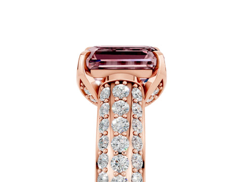 Rose gold Emerald Cut Morganite Solitaire Ring with Three-Row Pavé Band and Four-Prong Setting_17