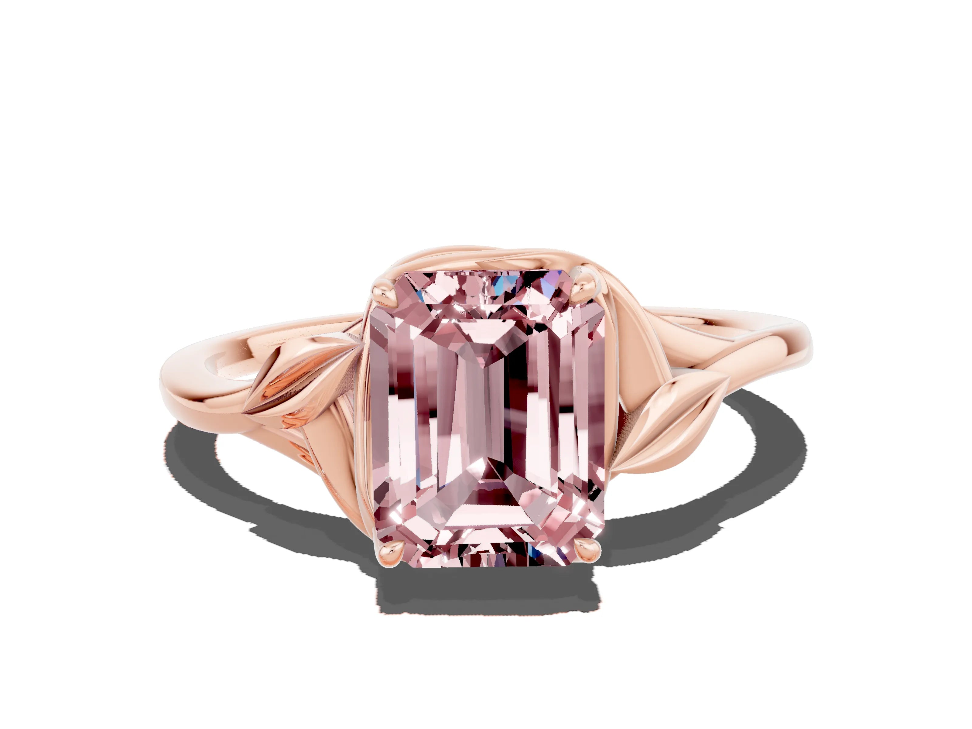 Rose gold Emerald Cut Morganite Solitaire Ring with Twist Band and Four-Prong Setting_24