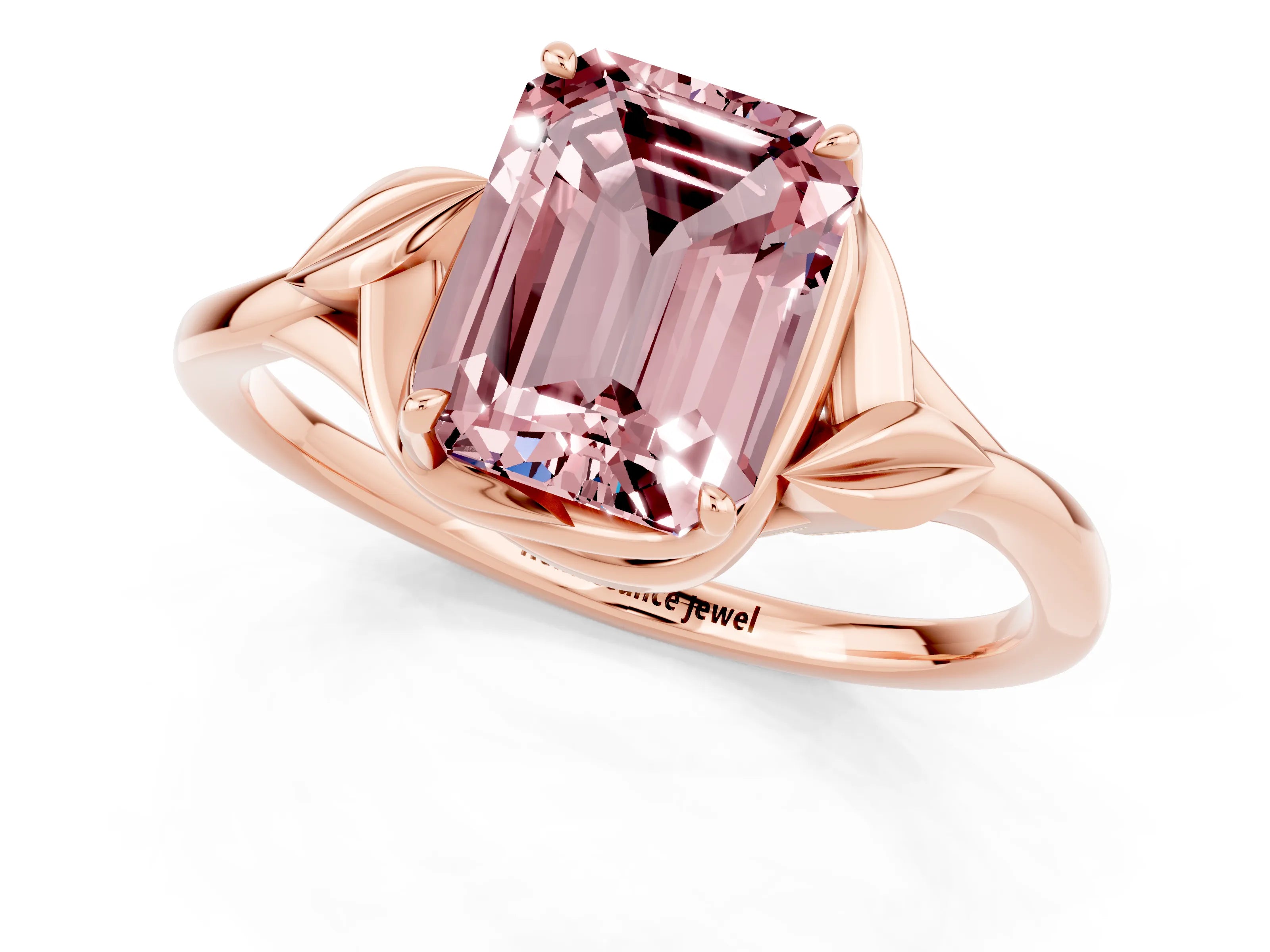 Rose gold Emerald Cut Morganite Solitaire Ring with Twist Band and Four-Prong Setting_25
