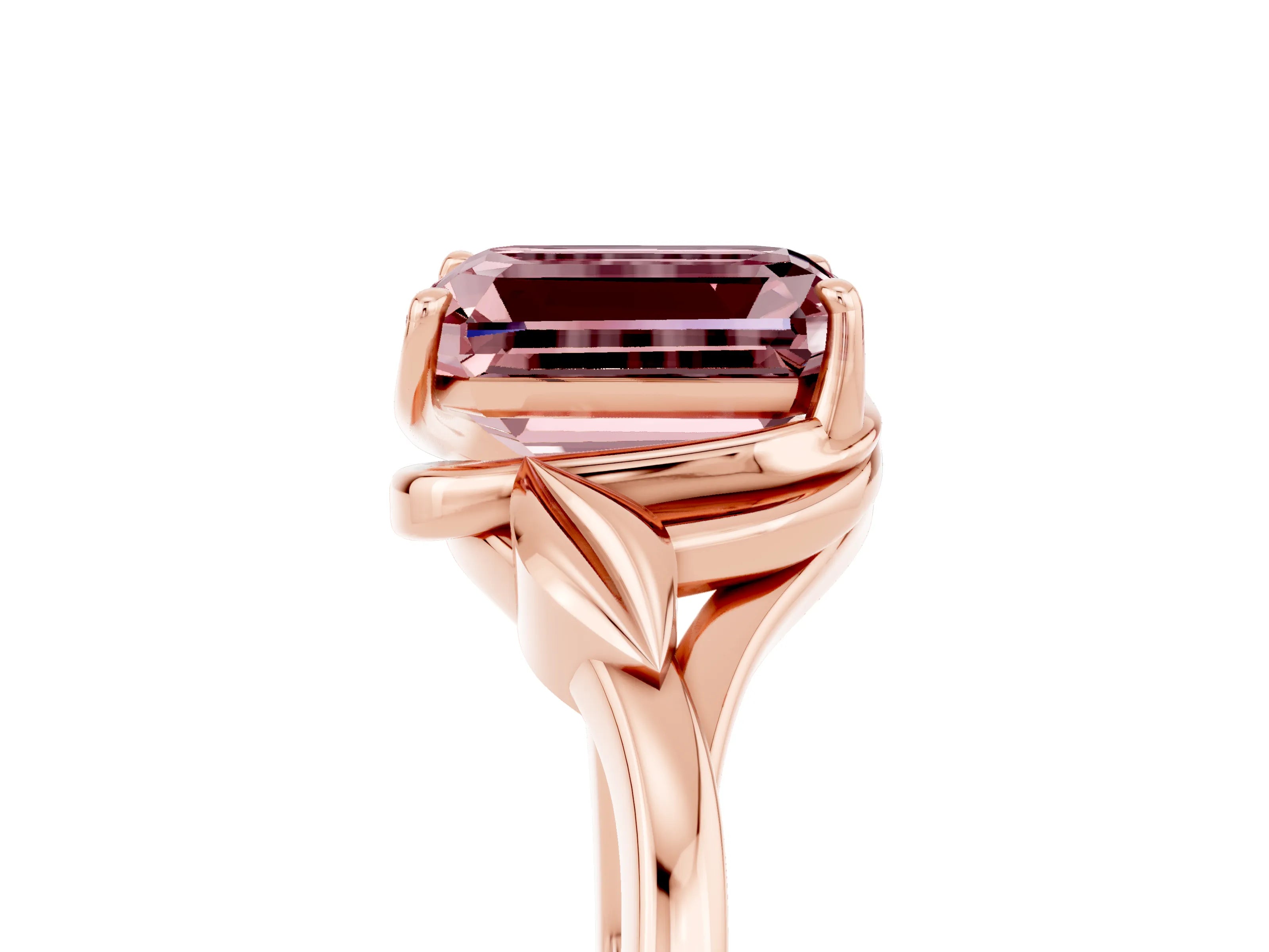 Rose gold Emerald Cut Morganite Solitaire Ring with Twist Band and Four-Prong Setting_29