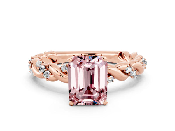 Rose gold Emerald Cut Morganite Solitaire Ring with Twisted Band and Pavé Accents