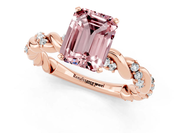 Rose gold Emerald Cut Morganite Solitaire Ring with Twisted Band and Pavé Accents