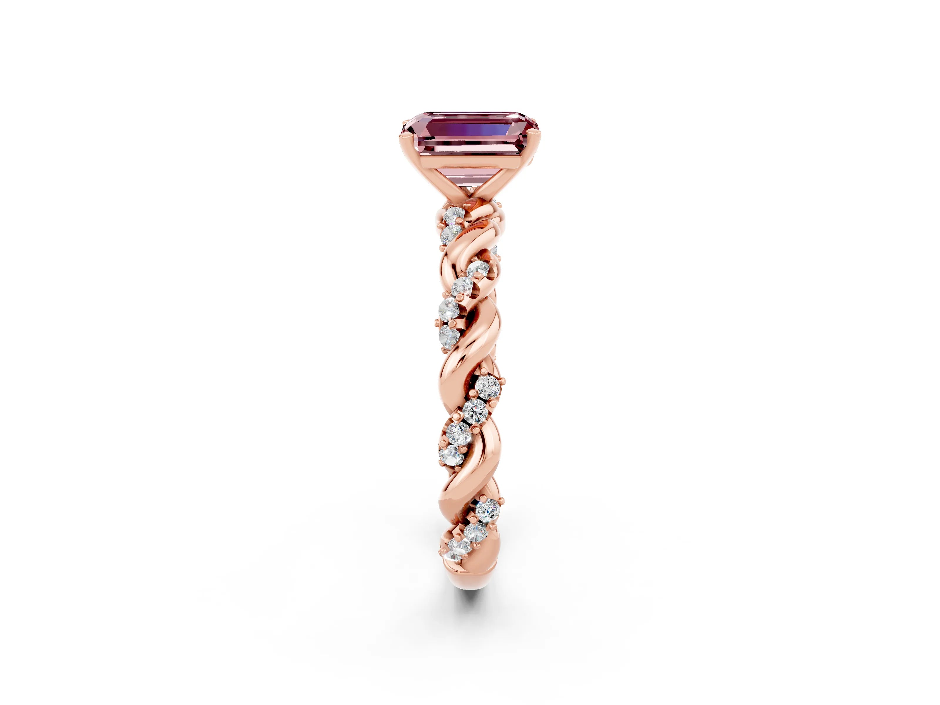 Rose gold Emerald Cut Morganite Solitaire Ring with Twisted Band and Pavé Accents_2