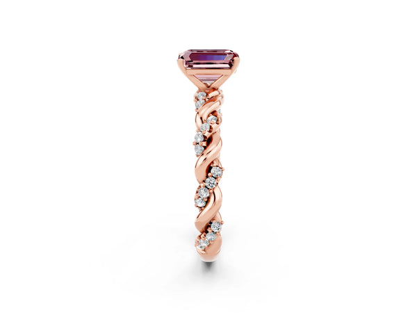 Rose gold Emerald Cut Morganite Solitaire Ring with Twisted Band and Pavé Accents