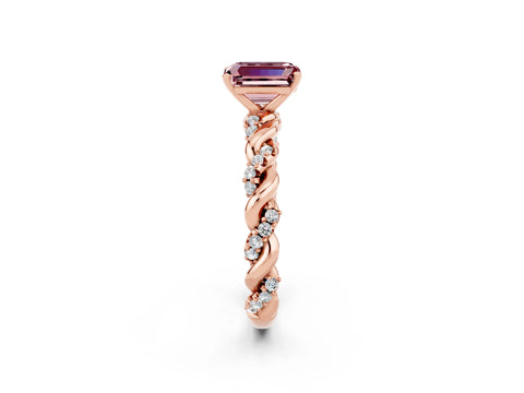 Rose gold Emerald Cut Morganite Solitaire Ring with Twisted Band and Pavé Accents_2