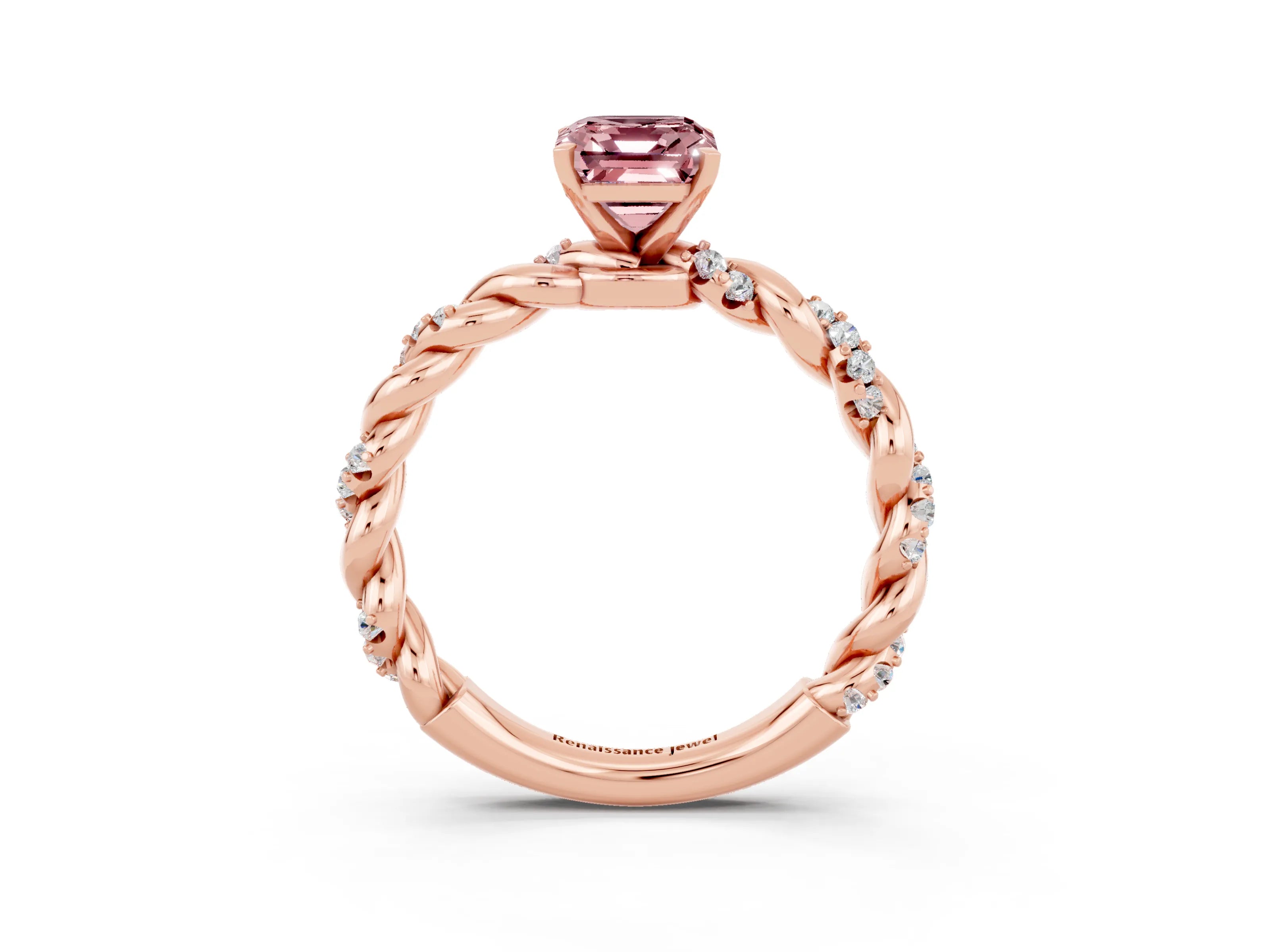 Rose gold Emerald Cut Morganite Solitaire Ring with Twisted Band and Pavé Accents_3