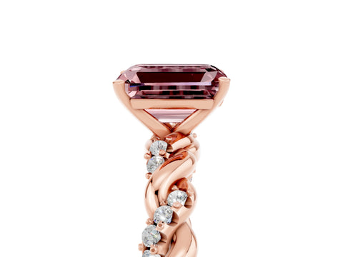 Rose gold Emerald Cut Morganite Solitaire Ring with Twisted Band and Pavé Accents_5
