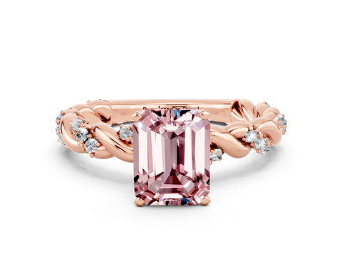 Rose gold Emerald Cut Morganite Solitaire Ring with Twisted Band and Pavé Accents