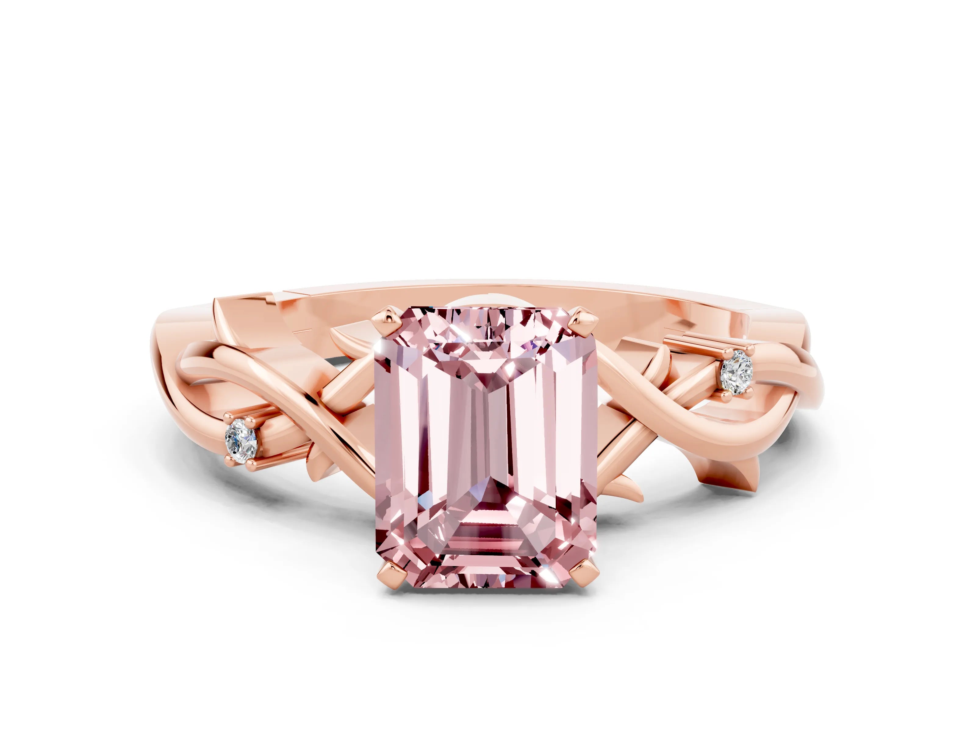 Rose gold Emerald Cut Morganite Solitaire Ring with Twisted Band and Prong Setting