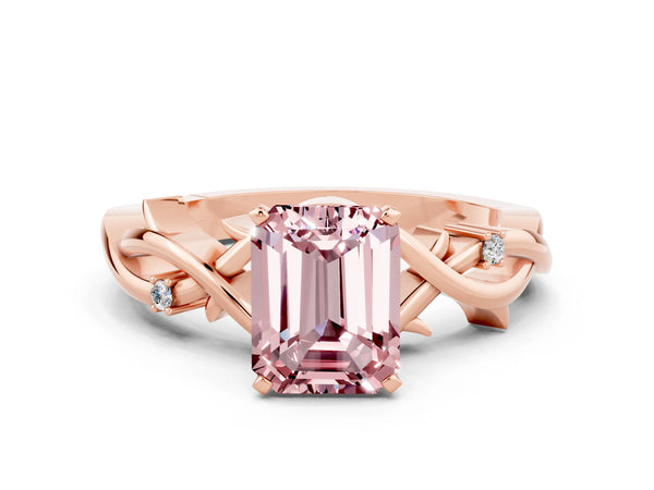Rose gold Emerald Cut Morganite Solitaire Ring with Twisted Band and Prong Setting