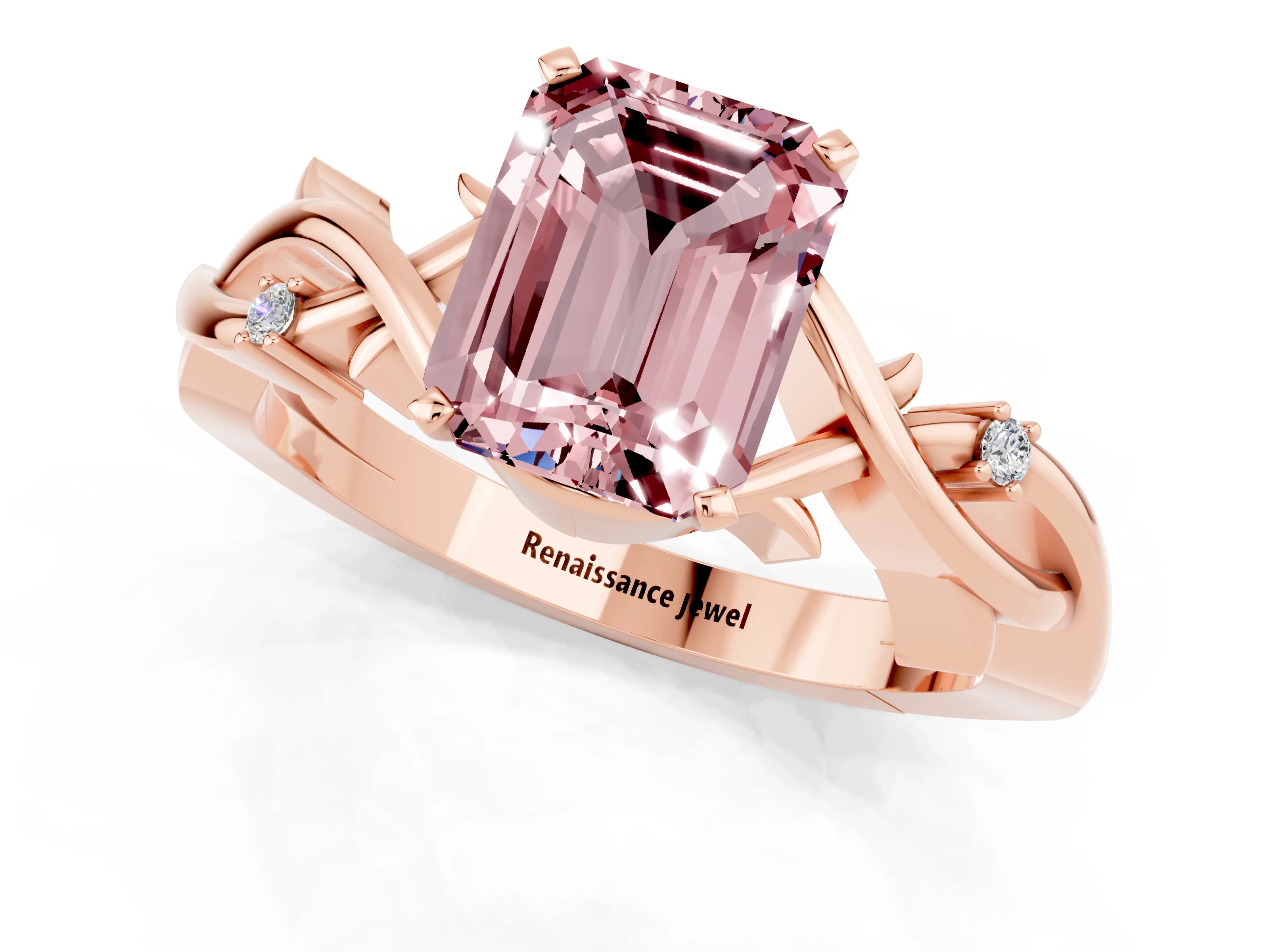 Rose gold Emerald Cut Morganite Solitaire Ring with Twisted Band and Prong Setting_1