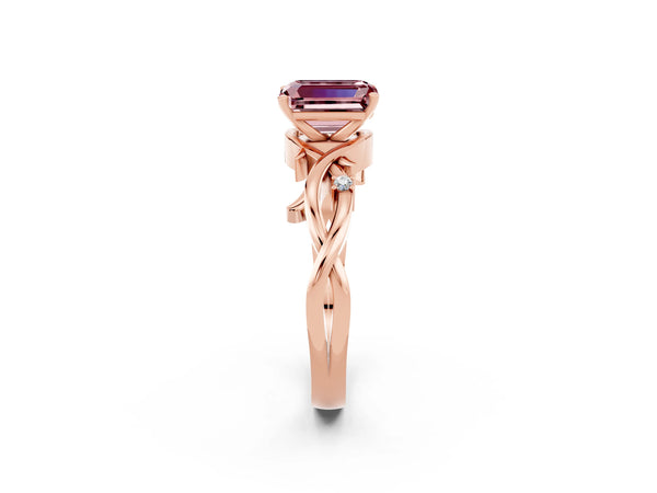 Rose gold Emerald Cut Morganite Solitaire Ring with Twisted Band and Prong Setting