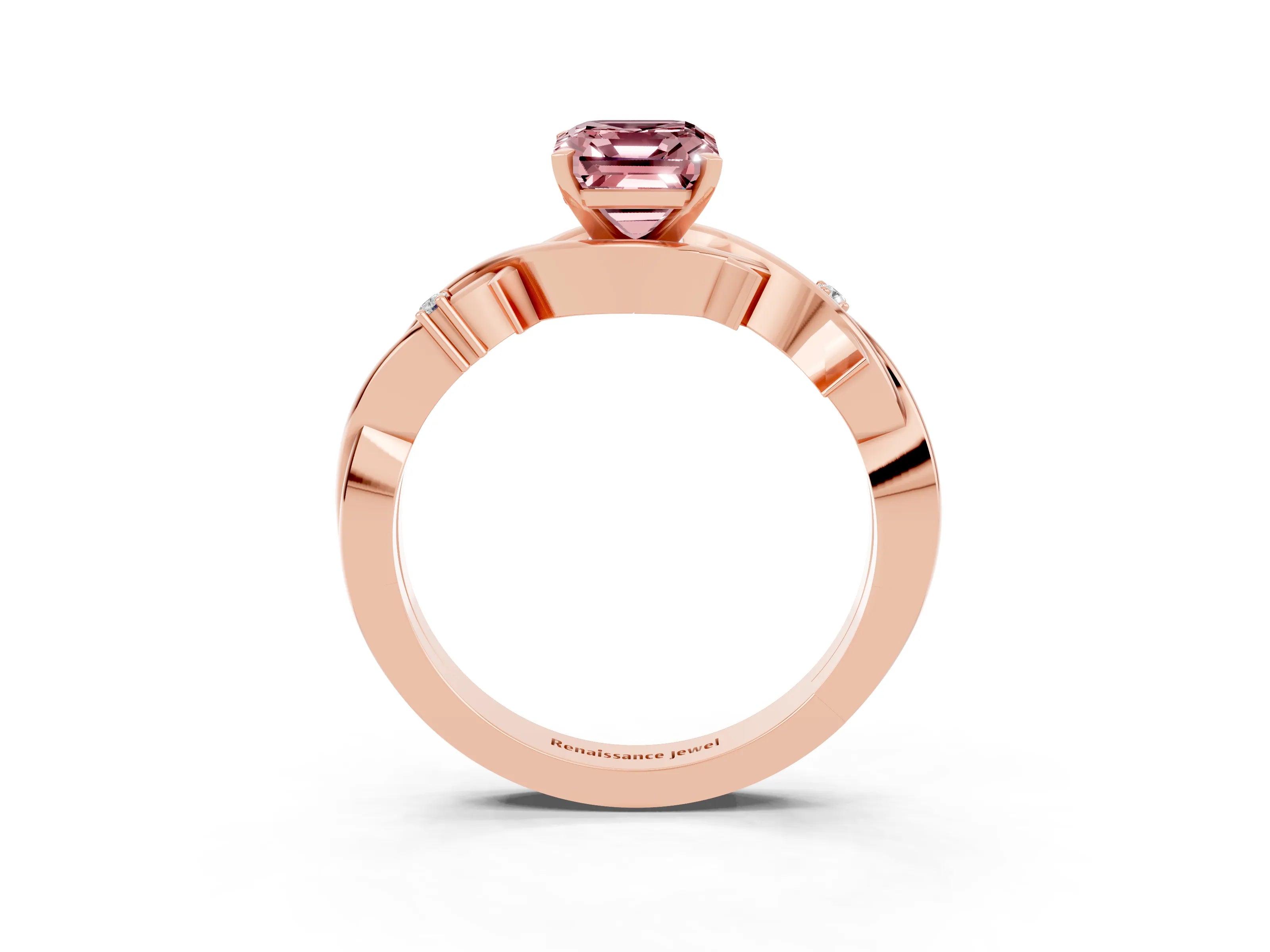 Rose gold Emerald Cut Morganite Solitaire Ring with Twisted Band and Prong Setting_3