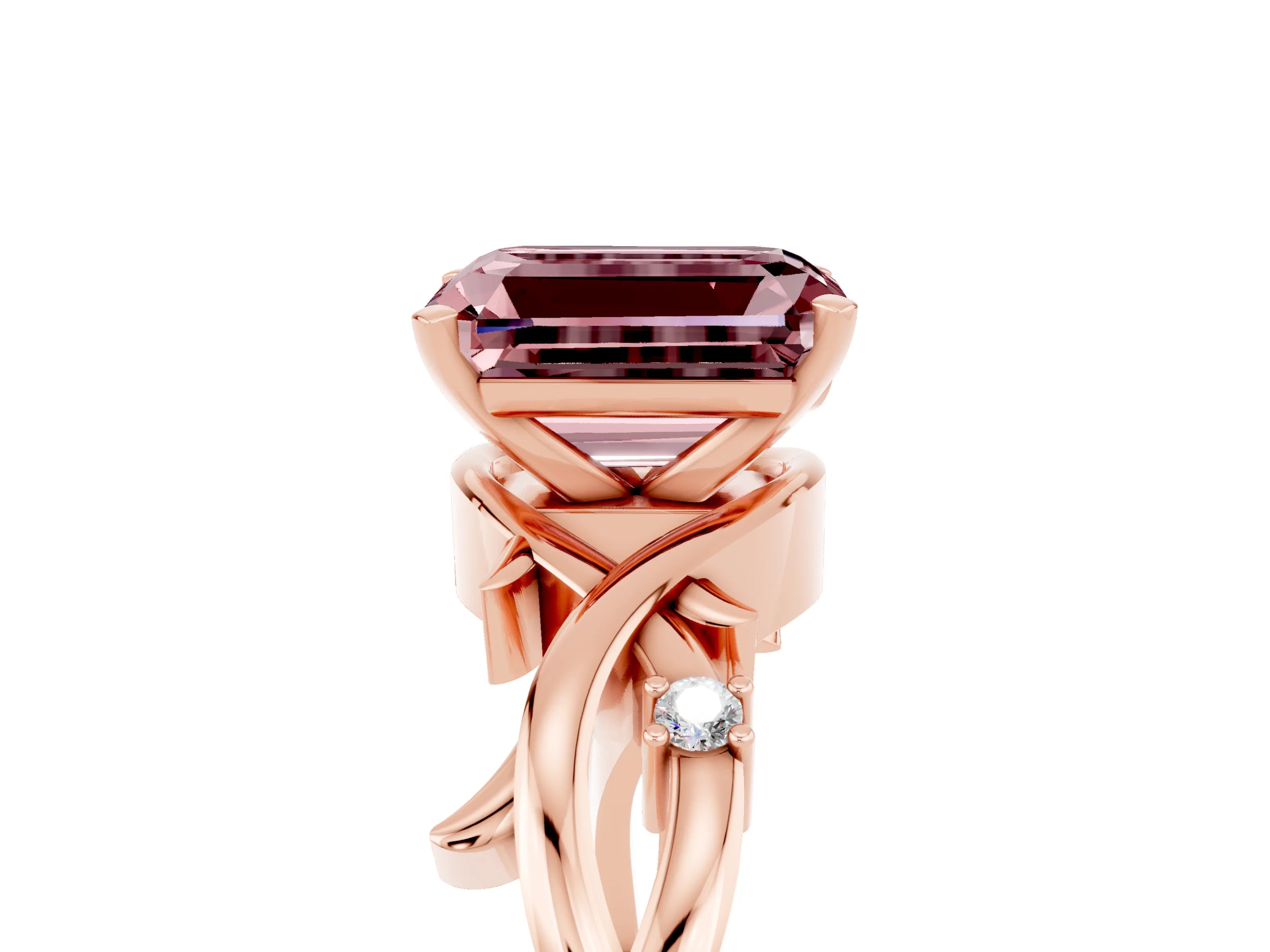 Rose gold Emerald Cut Morganite Solitaire Ring with Twisted Band and Prong Setting_5