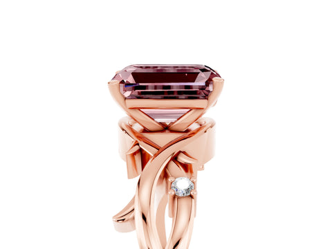 Rose gold Emerald Cut Morganite Solitaire Ring with Twisted Band and Prong Setting_5