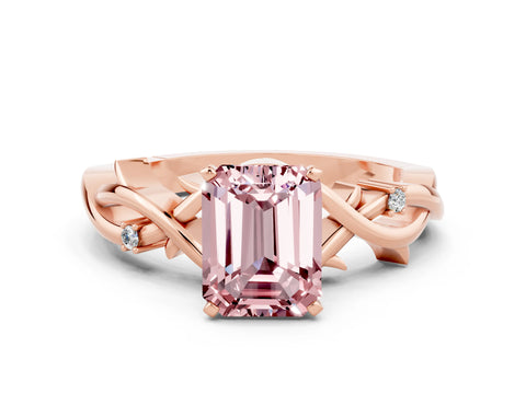 Rose gold Emerald Cut Morganite Solitaire Ring with Twisted Band and Prong Setting