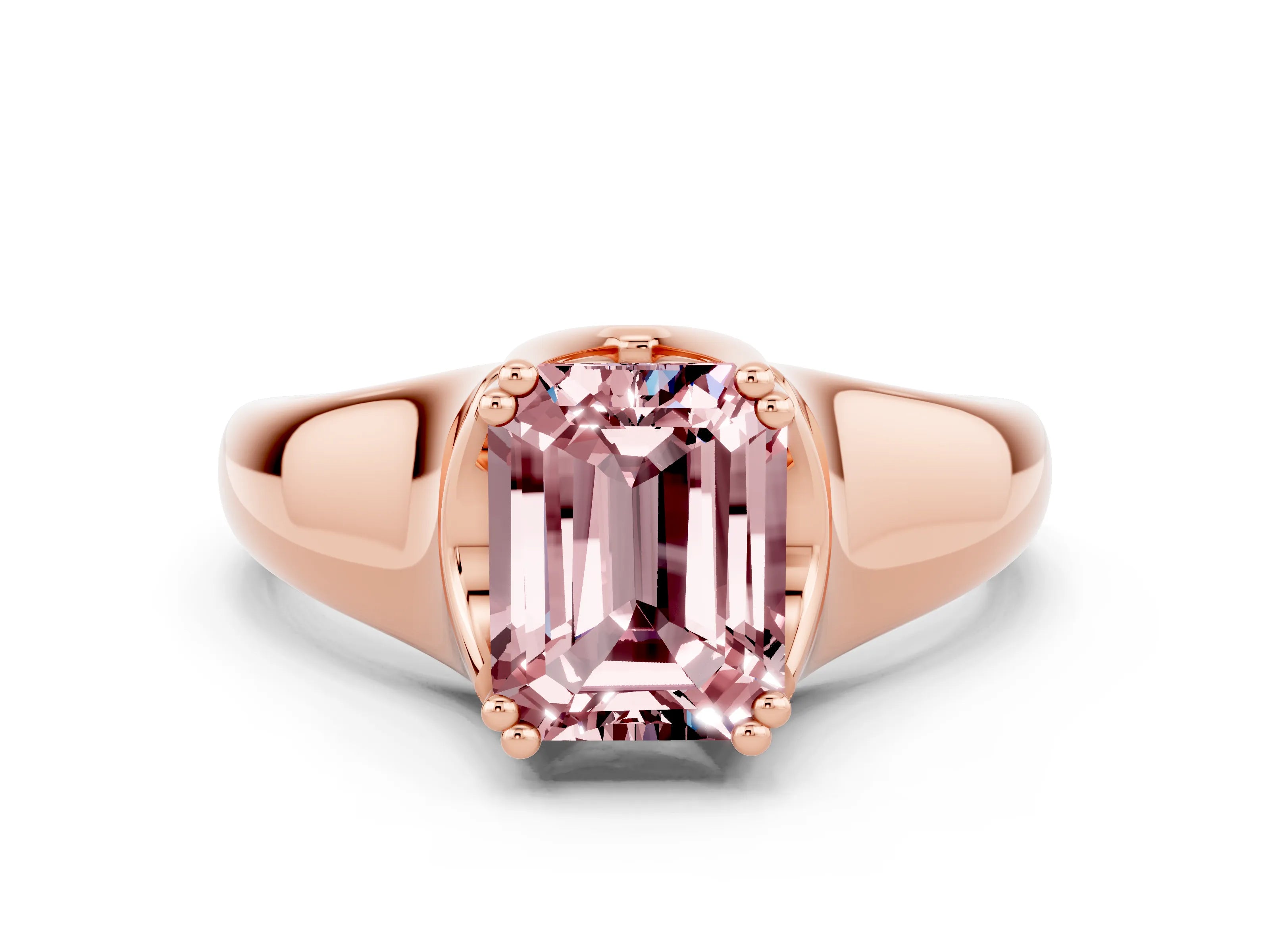 Rose gold Emerald Cut Morganite Solitaire Ring with Wide Band and Prong Setting