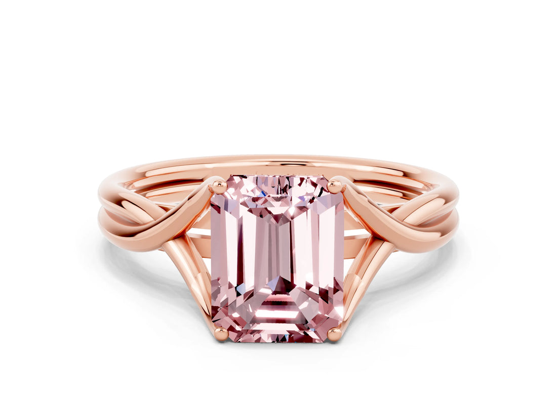 Rose gold Emerald Cut Morganite Solitaire Twist Band Prong Setting Ring_44