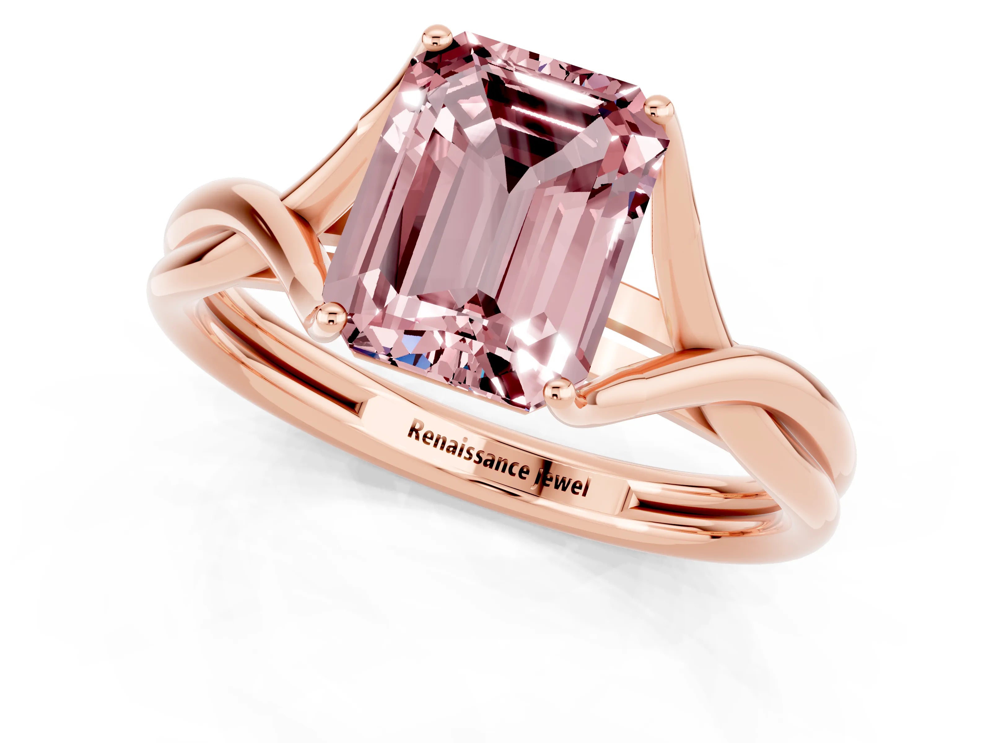 Rose gold Emerald Cut Morganite Solitaire Twist Band Prong Setting Ring_45