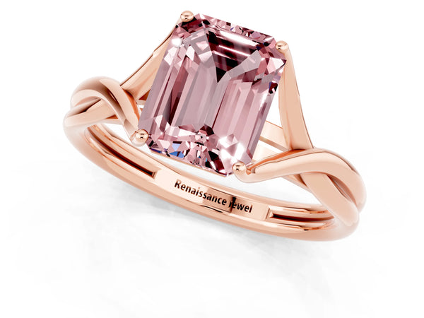 Rose gold Emerald Cut Morganite Solitaire Twist Band Prong Setting Ring