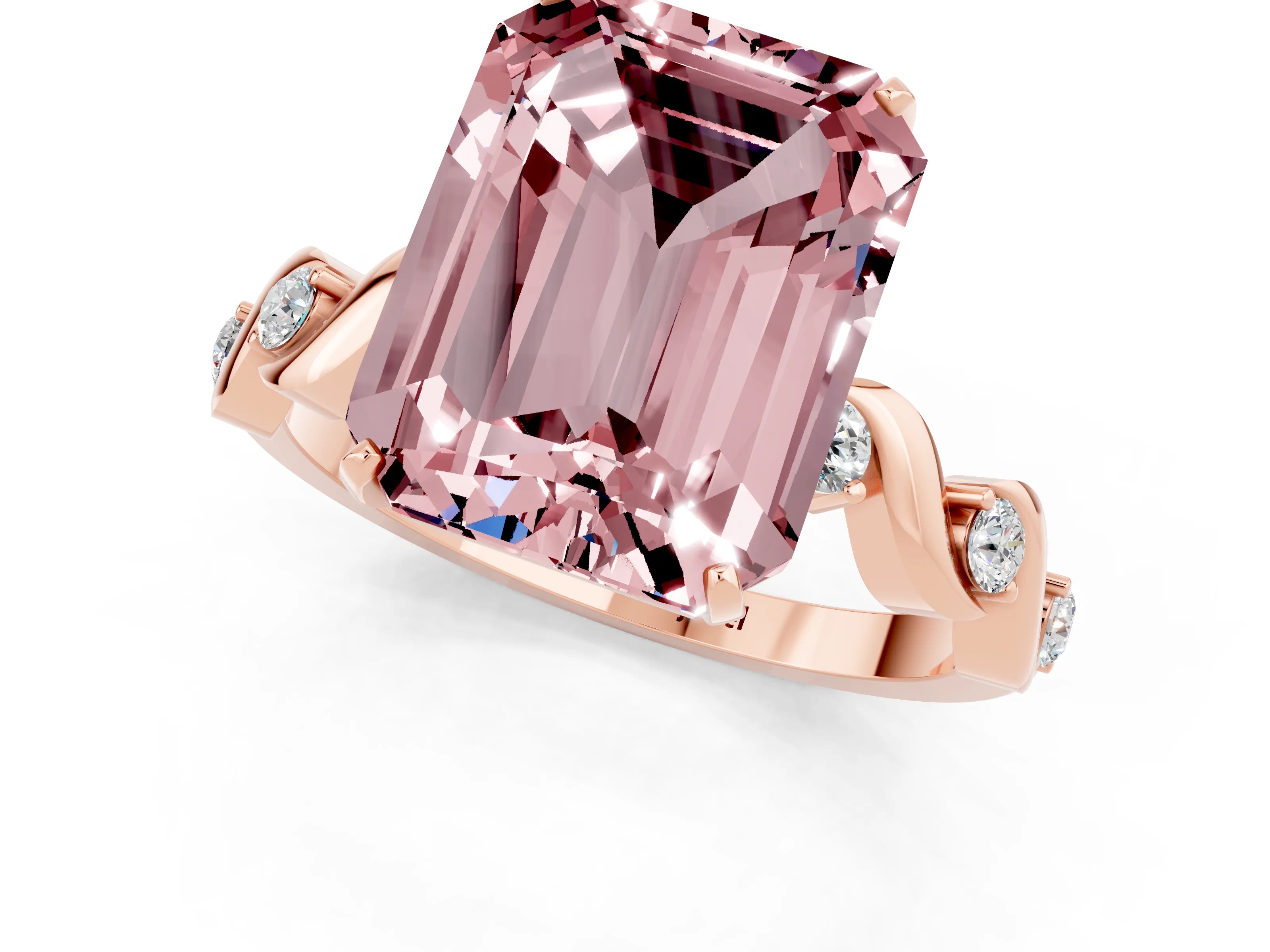 Rose gold Emerald Cut Morganite Solitaire Twisted Band with Round  Accents and Prong Setting_13