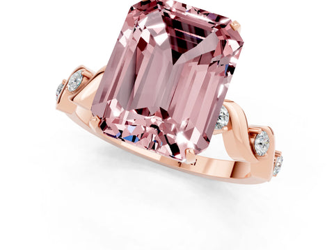 Rose gold Emerald Cut Morganite Solitaire Twisted Band with Round  Accents and Prong Setting_13