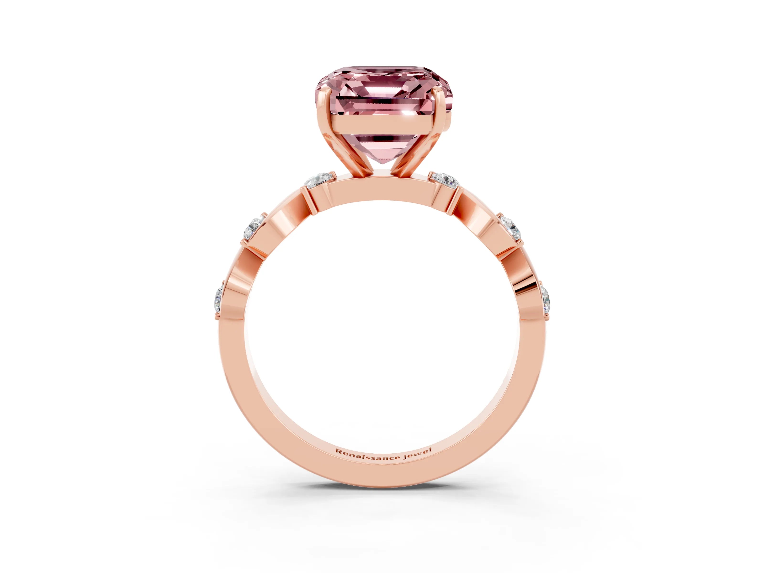 Rose gold Emerald Cut Morganite Solitaire Twisted Band with Round  Accents and Prong Setting_15