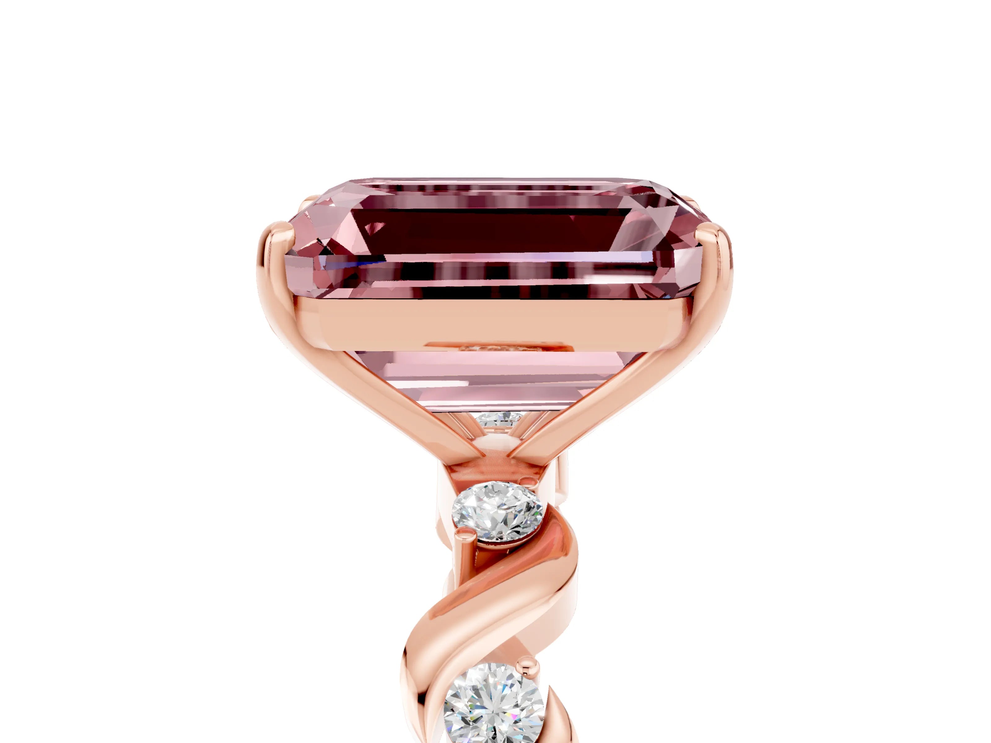 Rose gold Emerald Cut Morganite Solitaire Twisted Band with Round  Accents and Prong Setting_17