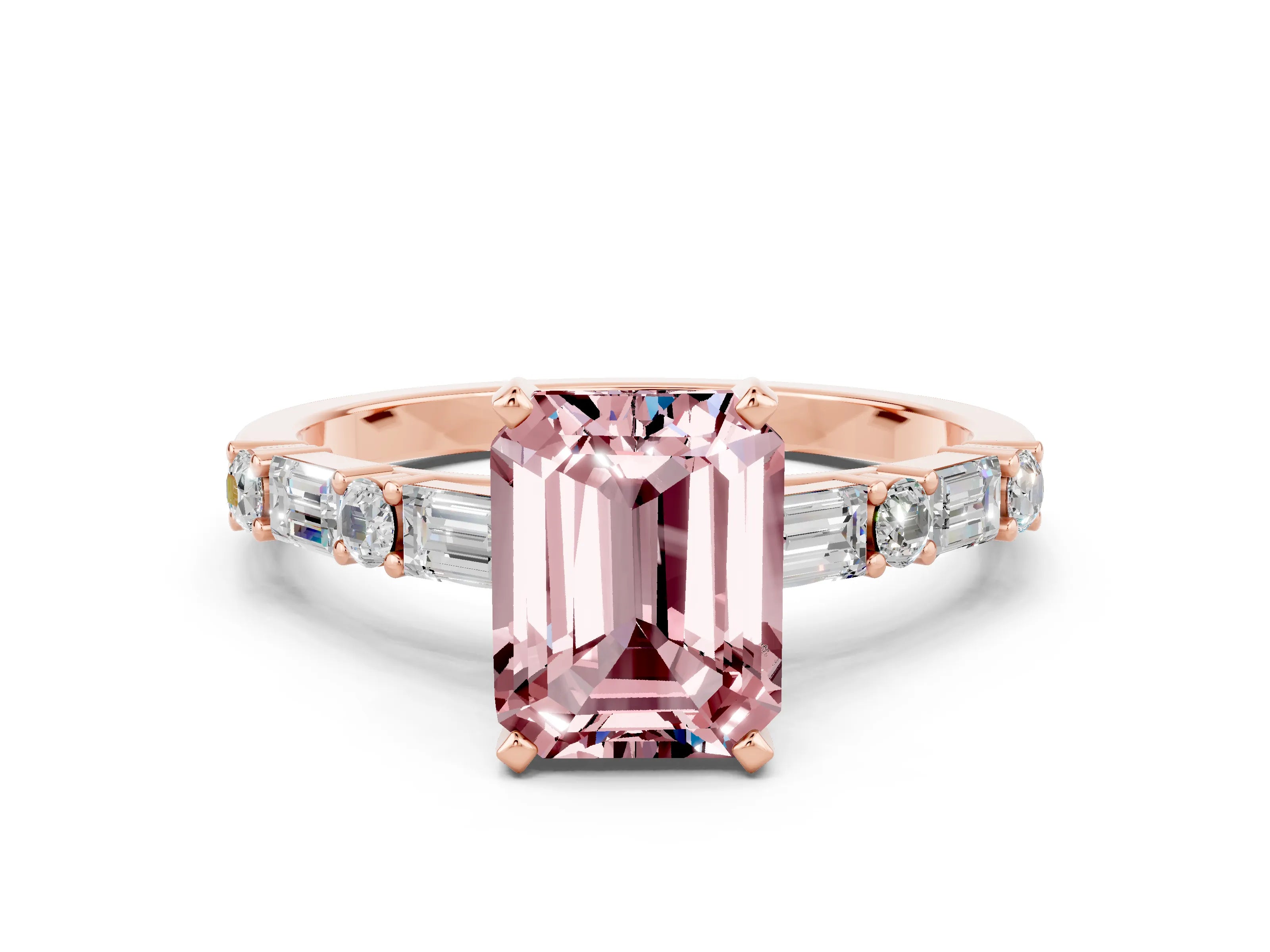 Rose gold Emerald Cut Morganite Solitaire with Side Baguettes and Channel Set Band