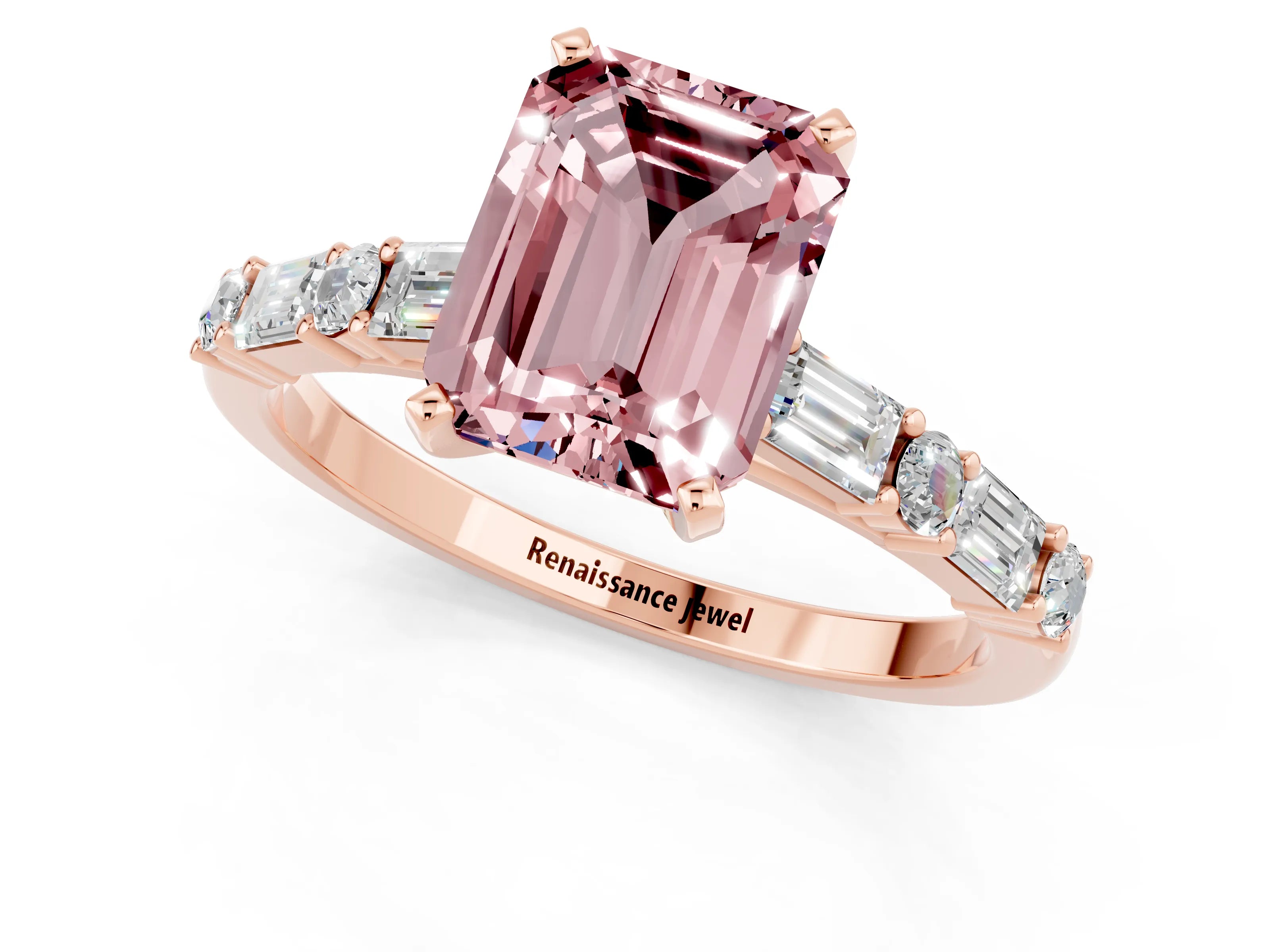Rose gold Emerald Cut Morganite Solitaire with Side Baguettes and Channel Set Band_1