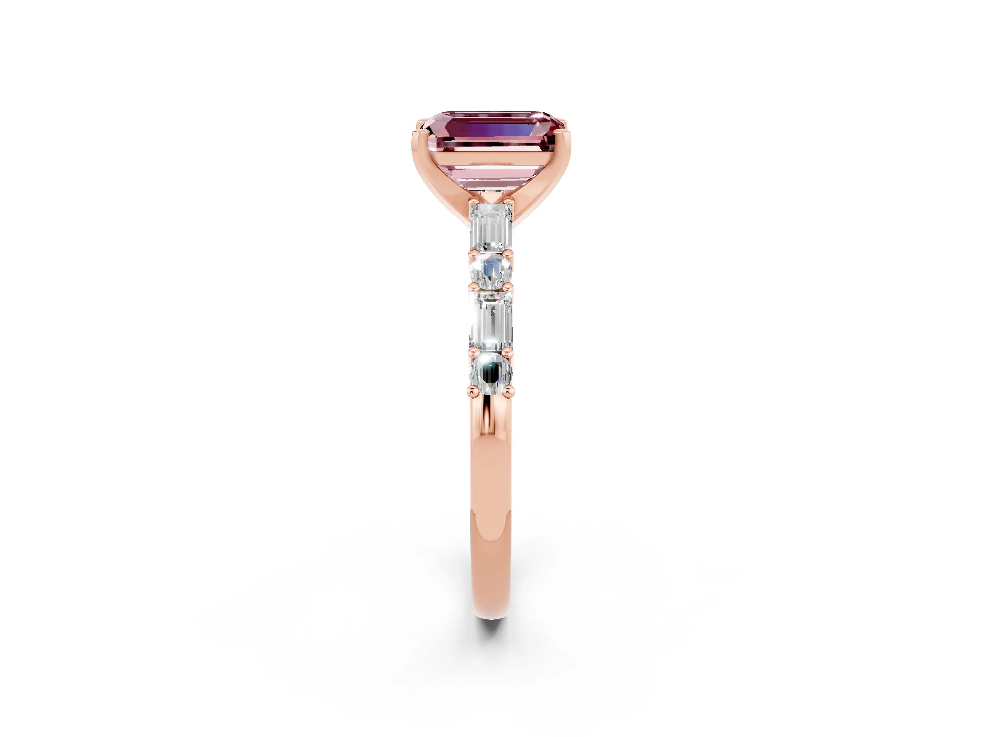 Rose gold Emerald Cut Morganite Solitaire with Side Baguettes and Channel Set Band_2