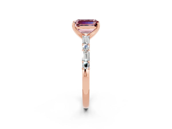 Rose gold Emerald Cut Morganite Solitaire with Side Baguettes and Channel Set Band