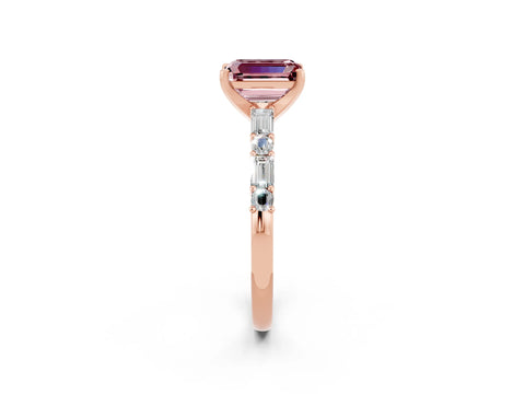 Rose gold Emerald Cut Morganite Solitaire with Side Baguettes and Channel Set Band_2