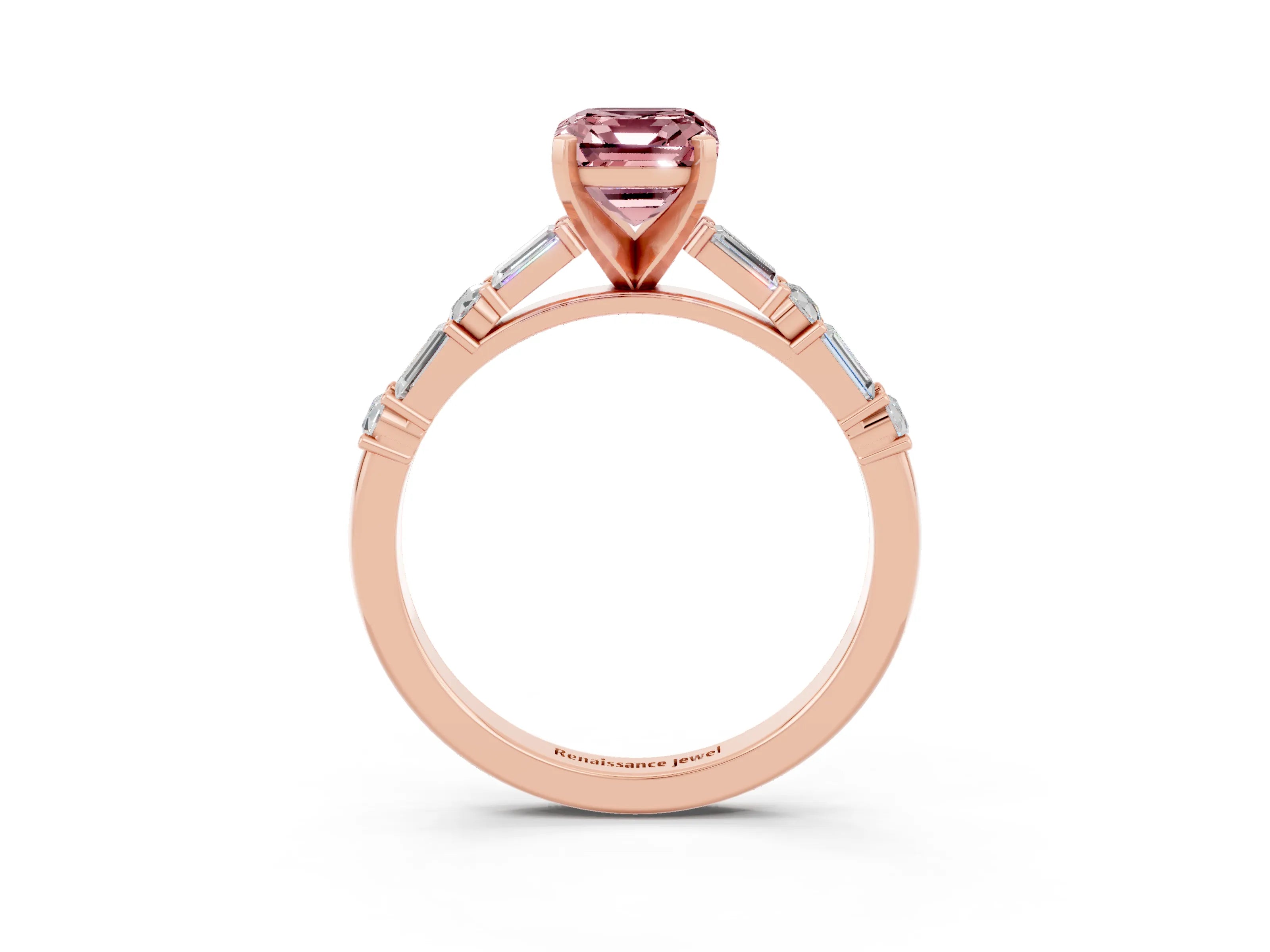 Rose gold Emerald Cut Morganite Solitaire with Side Baguettes and Channel Set Band_3