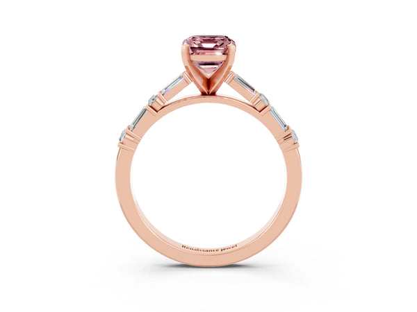 Rose gold Emerald Cut Morganite Solitaire with Side Baguettes and Channel Set Band