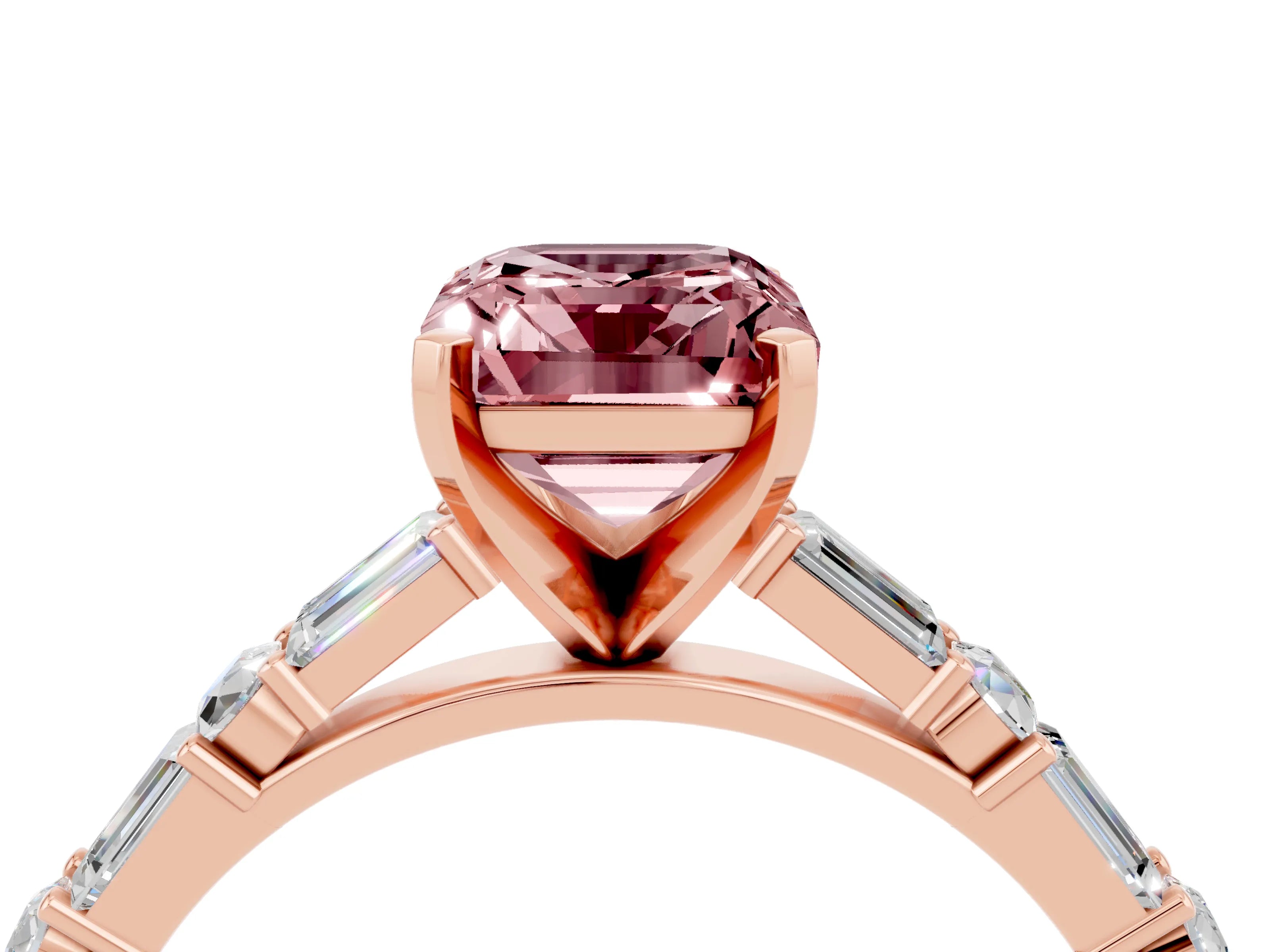 Rose gold Emerald Cut Morganite Solitaire with Side Baguettes and Channel Set Band_4