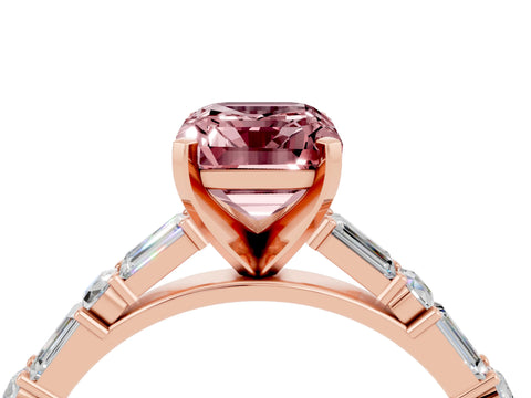 Rose gold Emerald Cut Morganite Solitaire with Side Baguettes and Channel Set Band_4