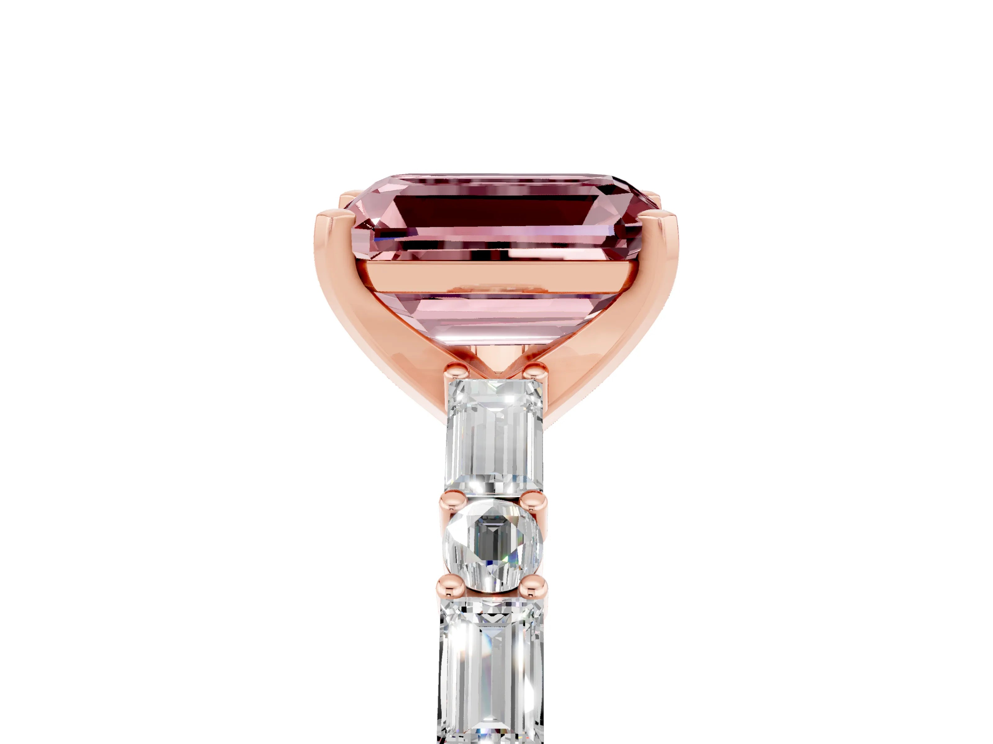 Rose gold Emerald Cut Morganite Solitaire with Side Baguettes and Channel Set Band_5