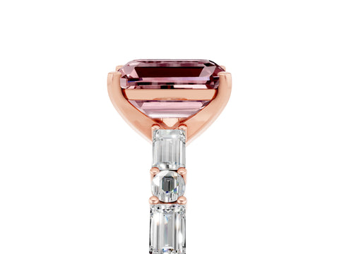 Rose gold Emerald Cut Morganite Solitaire with Side Baguettes and Channel Set Band_5