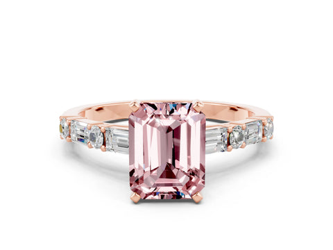 Rose gold Emerald Cut Morganite Solitaire with Side Baguettes and Channel Set Band