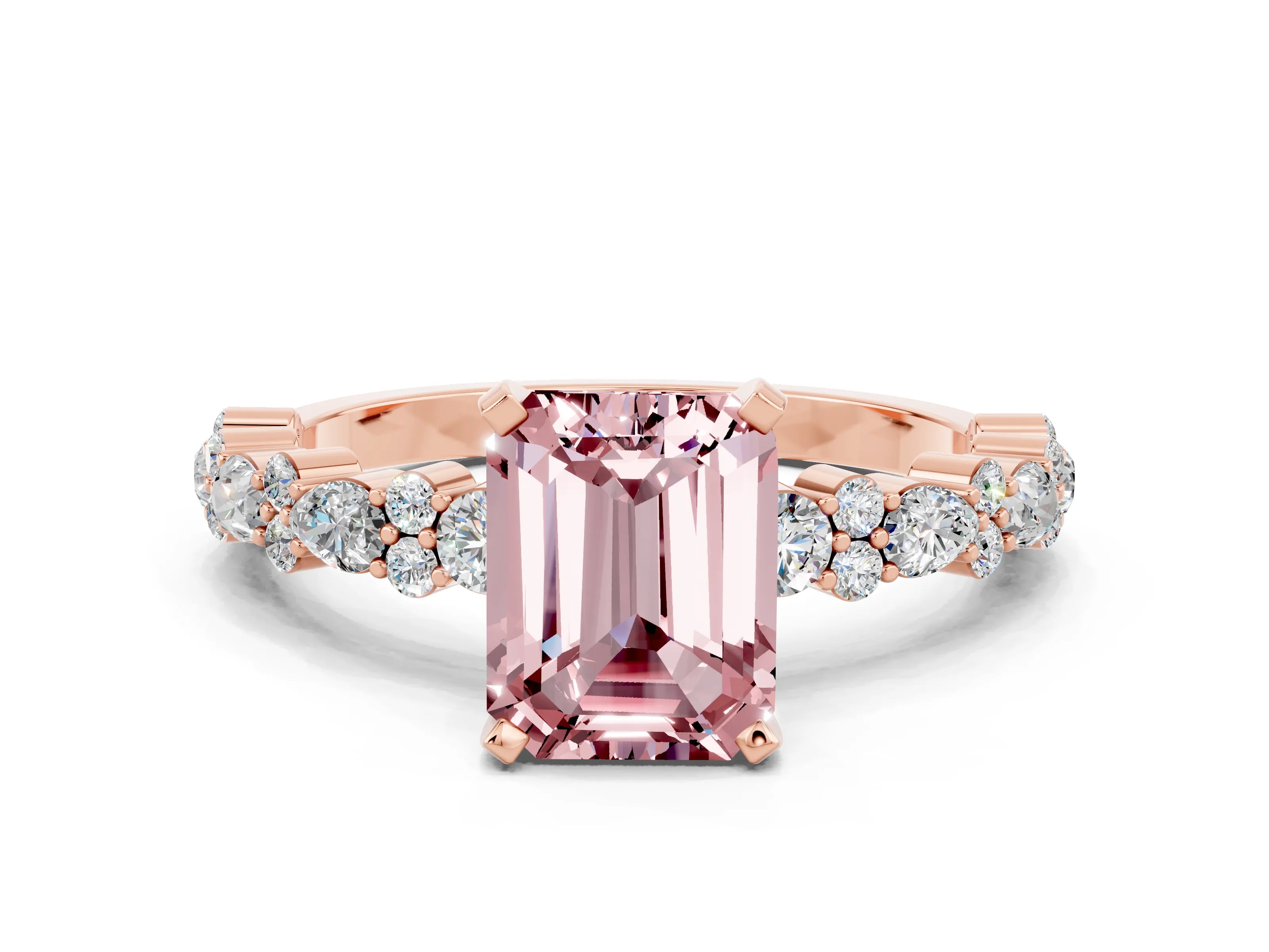 Rose gold Emerald Cut Morganite Solitaire with Side Stones, Pave Band, Four-Prong Setting_48